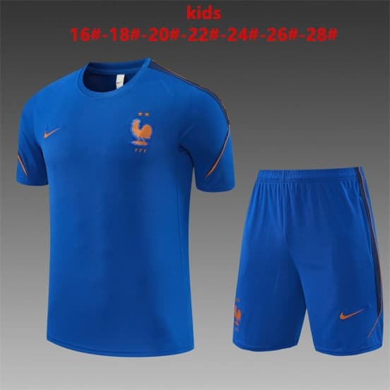 2026 Kids France Blue & Orange Short Sleeve+Soccer Shorts — Selección de fútbol de Francia