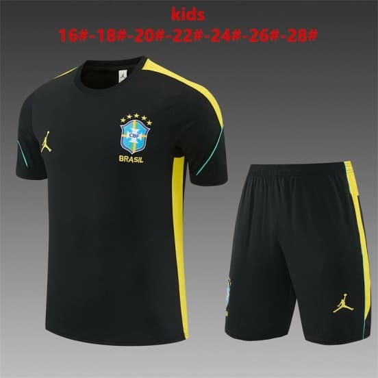 2026  Kids Brazil Black & Yellow Short Sleeve+Soccer Shorts — jersey