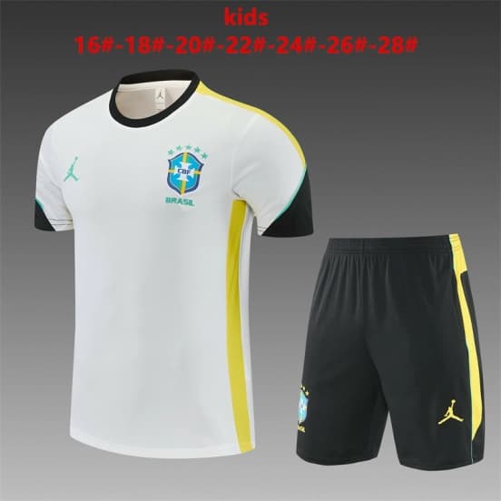 26/27 Kids Brazil Away White Short Sleeve + Soccer Shorts — jersey