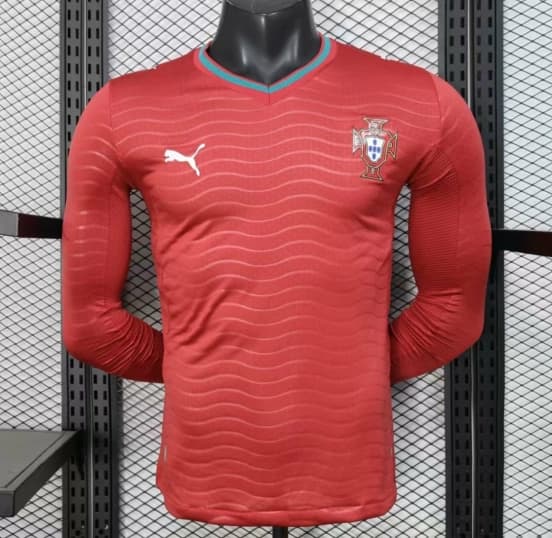 Player Version 2026 Portugal Home Long Sleeve Red with Horizontal Wave Pattern Jersey — jersey