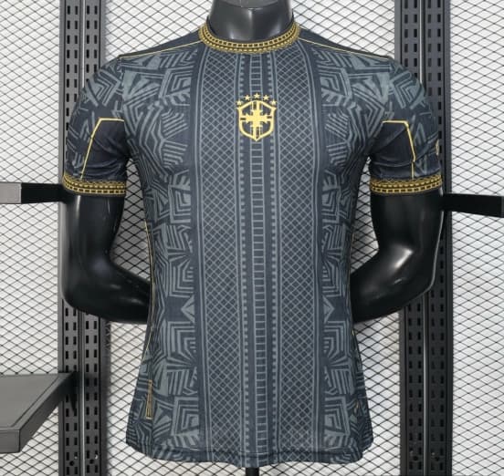 2026 Player Version Brazil Black with Gold Geometric Tribal Pattern Jersey — jersey