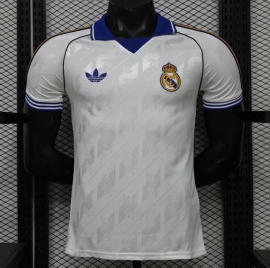 Player Version 26/27 Real Madrid Home White with Blue Collar & Jacquard Pattern Jersey — jersey