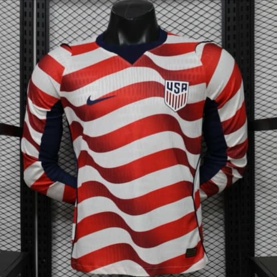 Player Version 2026 USA White & Red with Wave Stripe Long Sleeve Home Jersey — Selección de fútbol de los Estados Unidos