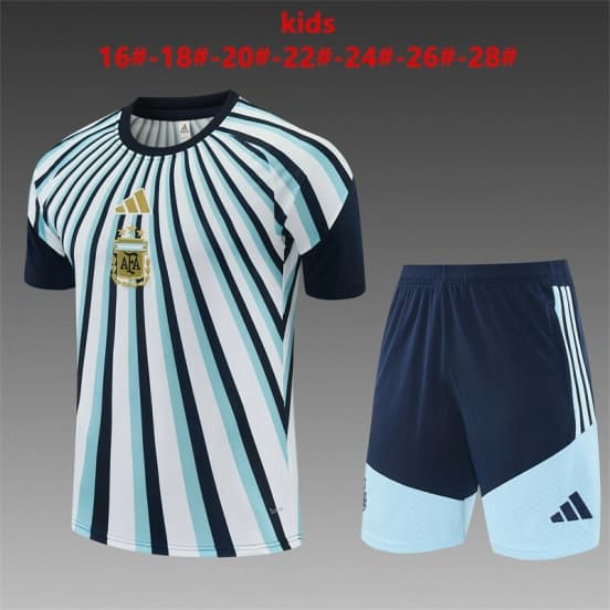 2026 Kids  Argentina White & Light Blue Radial Stripe Short Sleeve+Soccer Shorts — jersey