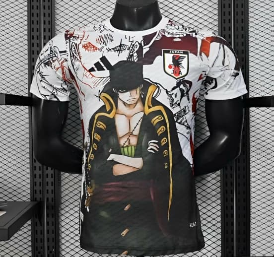 Player Version 2025 Japan White with One Piece Roronoa Zoro Character Jersey — jersey