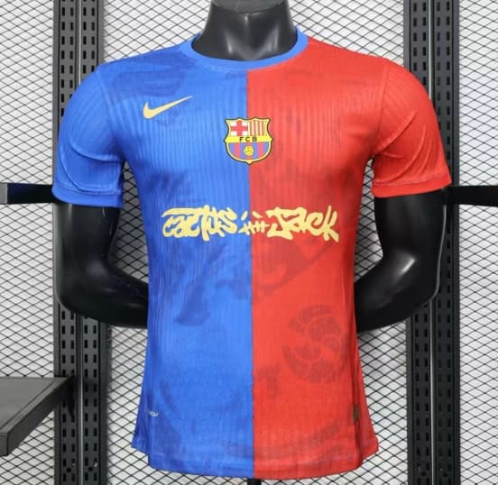 Player Version 25/26 Barcelona Travis Scott Blue with Red Half Split Jersey — jersey