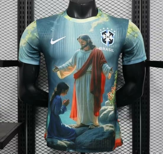 Player Version 2025 Brazil Light Blue with Jesus Christ Religious Artwork Jersey — Selección de fútbol de Brasil