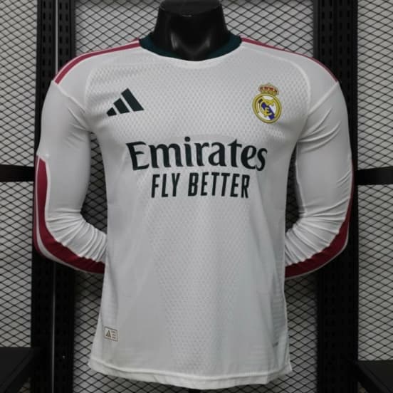 Player Version 26/27 Real Madrid White with Burgundy Stripe Long Sleeve Home Jersey — jersey
