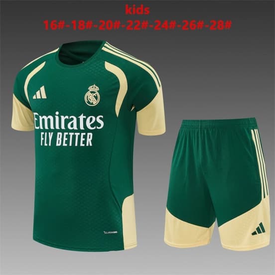 2026 Kids Real Madrid Green & Cream  Short Sleeve+Soccer Shorts — jersey