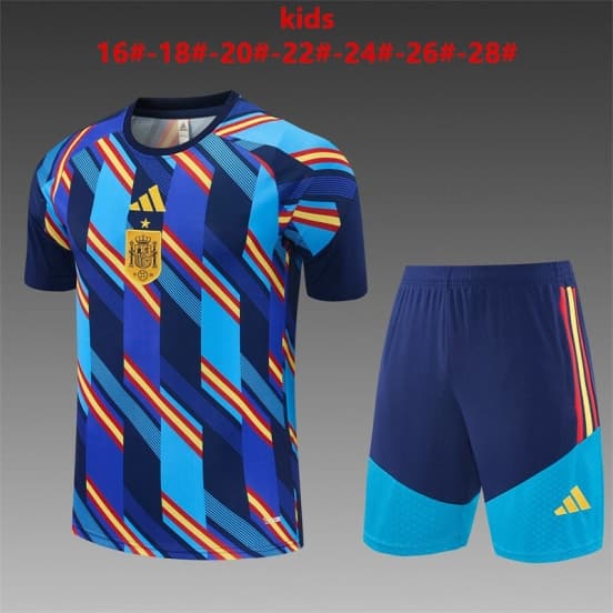 2026 Kids Spain Navy Blue Multi-Color Diagonal Stripe Short Sleeve+Soccer Shorts — jersey