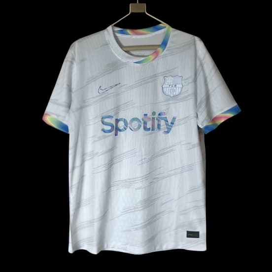 25/26 Barcelona White Nike Football Jersey with Spotify Sponsorship and Rainbow Accents — jersey
