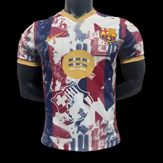 Player Version 25/26 Barcelona White with Abstract Blaugrana Brushstroke Print and Gold Trim Jersey — jersey