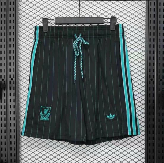 25/26 Liverpool Adidas Original Black with Teal Pinstripes Shorts — jersey