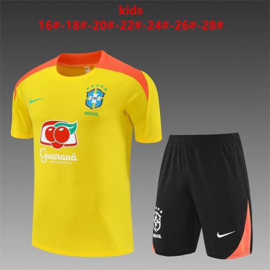 25/26 Kids Brazil Yellow Short Sleeve+Soccer Shorts — Selección de fútbol de Brasil