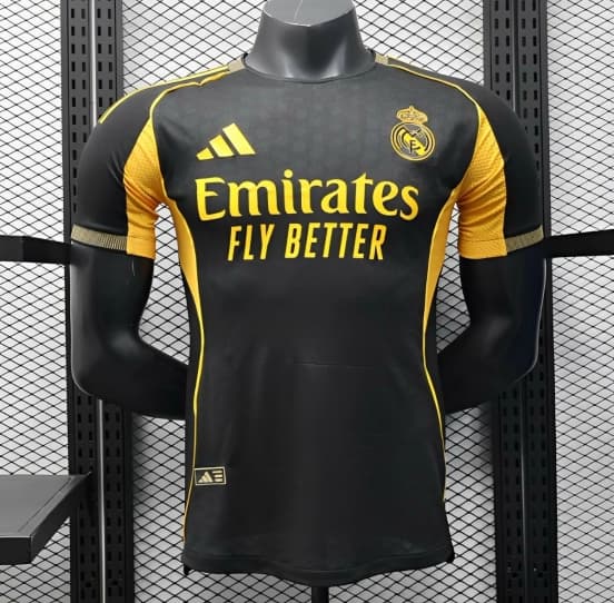 Player Version 25/26 Real Madrid Black with Gold Accents and Emirates Sponsor Jersey — jersey