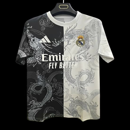 25/26 Real Madrid Black and White with Split Dragon Design Jersey — jersey
