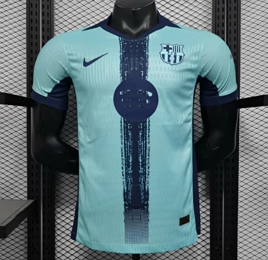 Player Version 25/26 Barcelona Blue 125Th Anniversary Mint Green Jersey with Navy Blue Stripe and Spotify Sponsor — jersey