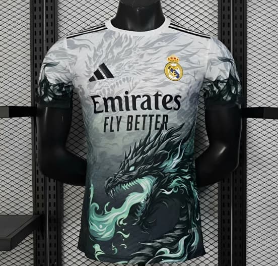 Player Version 25/26 Real Madrid White with Black Dragon Fire Jersey — jersey