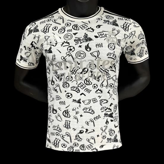 Player Version 25/26 Real Madrid White with Football Icons Pattern Jersey — jersey
