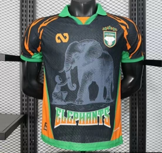 Player Version 2025 Ivory Coast Black with Elephant Graphic and Orange Stripes Jersey — jersey
