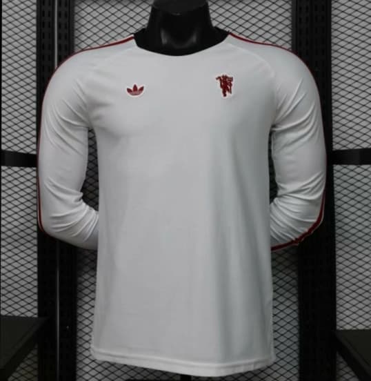 Player Version 2026 Manchester United Away White with  Red Shoulder Stripe Long Sleeve Jersey — jersey