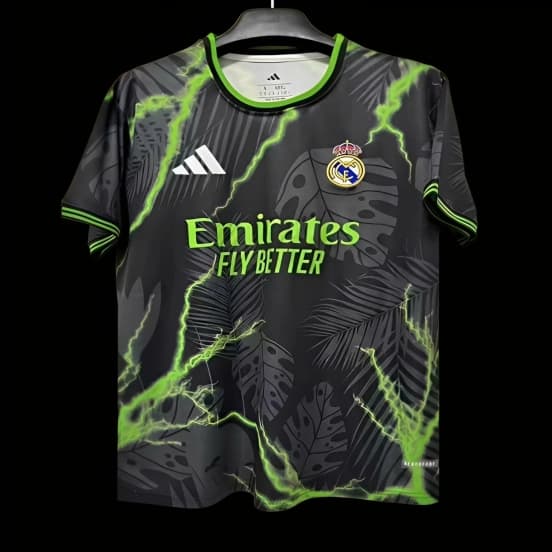 25/26 Real Madrid Black with Lightning and Tropical Leaf Pattern Jersey — jersey