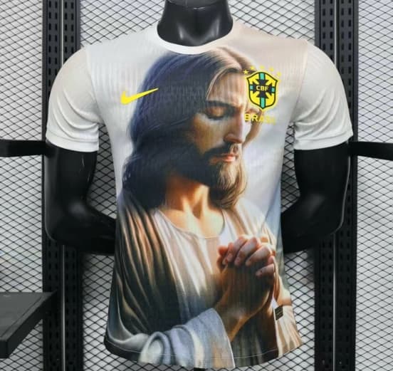 Player Version 2025 Brazil White with Jesus Praying Portrait Jersey — Selección de fútbol de Brasil