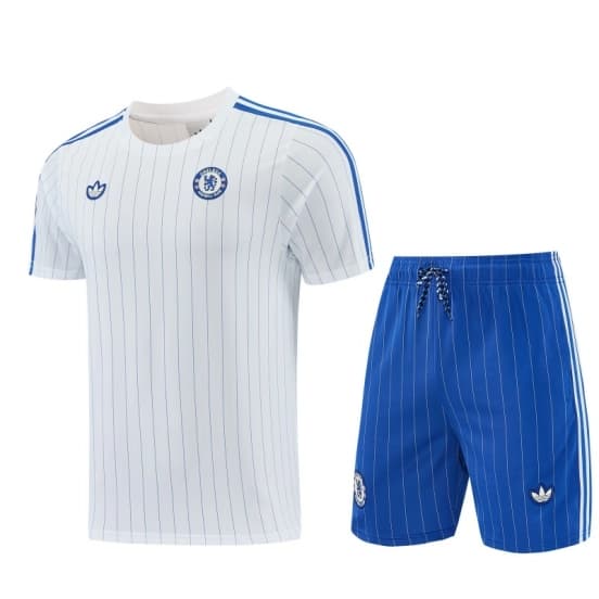 26/27 Chelsea FC White Stripes Short Sleeve+Blue Soccer Shorts — Chelsea Football Club