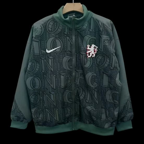 25/26 Chelsea FC Green with All-Over London Text Pattern Full Zipper Windbreaker — Chelsea Football Club