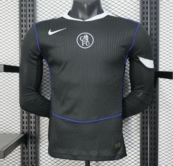25/26 Player Version Chelsea Away Dark Gray with Vertical Stripe Texture and Blue Piping Jersey — Chelsea Football Club